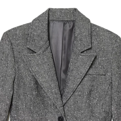 Women Casual Herringbone Blazer Jacket Fashion Grey Notched Lapel Single Breasted Long Sleeve Office Streetwear Outerwear