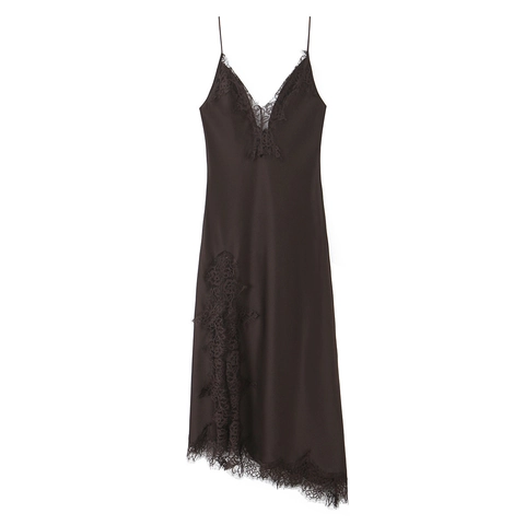 Women Slinky Satin Lace Trim Midi Dress V Neck Asymmetric Hem Spaghetti Strap Backless Slip Dress Solid Color Coffee