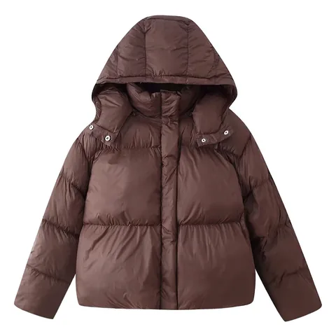Women Hooded Puffer Jacket Quilted Winter Warm Short Coat Brown Solid Color Polyester Casual Streetwear Outerwear For Lady