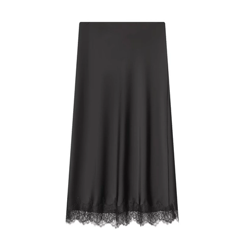 Dames Elegante Satijnen Midi Rok Met Kant Afgewerkte Zoom Hoge Taille Glanzende A-Lijn Rok Voor Casual Dagelijks Feest Chic