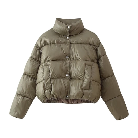 Women Winter Short Padded Jacket Stand Collar Quilted Puffer Coat Snap Button Warm Streetwear Fashion Olive Green Outerwear