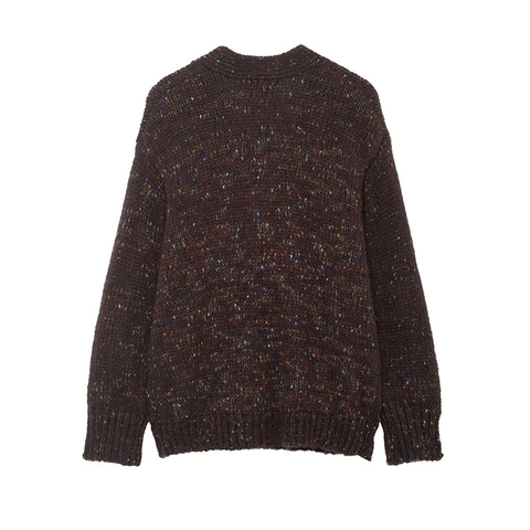 Damen Locker V-Ausschnitt Strickjacke Mit Knöpfen Dunkelbraun Gesprenkelt Langarm Winter Pullover Mit Taschen
