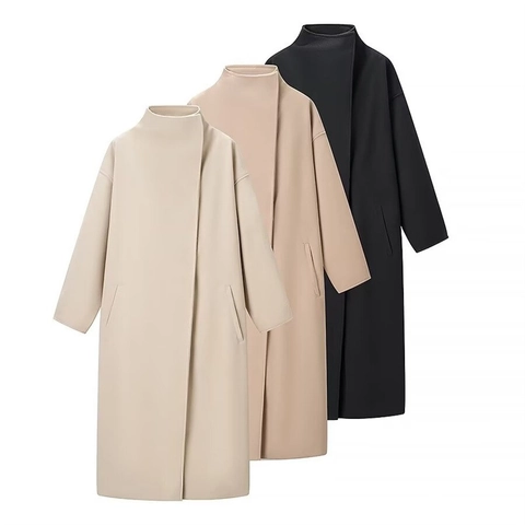 Women's Minimalist Stand Collar Long Overcoat Elegant Loose Fit Solid Color Woolen Look Coat For Winter Fashion