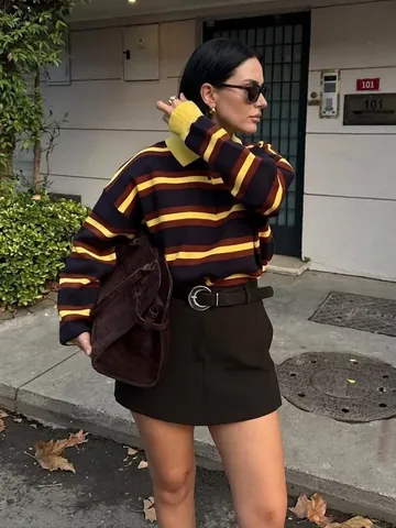 Women Retro Color Block Striped Knitted Polo Sweater Long Sleeve Lapel Pullover Top Casual Autumn Knitwear