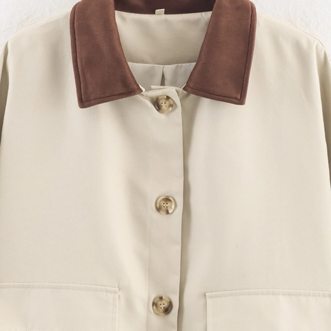 Women Street Fashion Color Block Jacket Contrast Lapel Workwear Khaki Beige Outerwear Windbreaker Patchwork Single Breasted Casual Coat