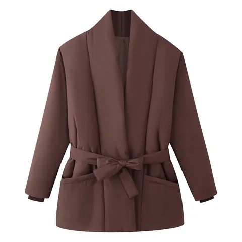 Women Fashion Solid Color Tie-Up Loose Padded Coat Outerwear Long Sleeve V-Neck Quilted Winter Jacket With Belt For Women