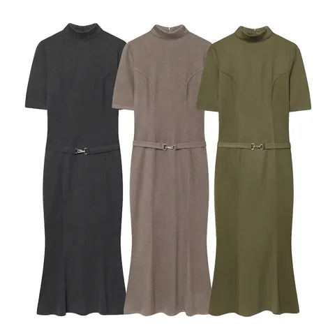 Dames Elegante Staande Kraag Korte Mouw Maxi Jurk Met Riem Zeemeerminstaart Zoom Effen Kleur Gebreide Twill Herfst Casual Lange Jurk