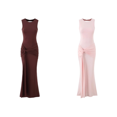 Dames Mouwloos Ronde Hals Slim Fit Geplooid Maxi Jurk Rayon Spandex Effen Kleur Rugloos Knoop Avondfeest Jurk