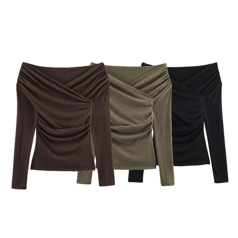 Women Sexy Off Shoulder Ruched Knit Top Slim Fit Long Sleeve Pleated T-Shirt Streetwear Casual Solid Color Pullover Top