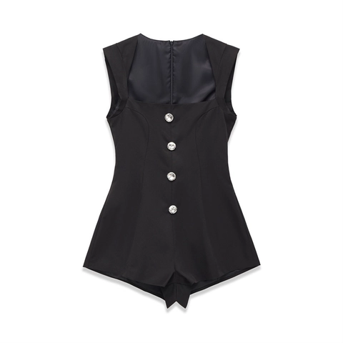 Elegant Square Neck Sleeveless Black Romper With Rhinestone Buttons Casual Fitted Short Jumpsuit Party Clubwear Women Fashion