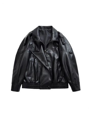 Giacca Donna Casual Oversize in Pelle PU Rever Vintage Biker Jacket Manica Lunga Zip Up Outwear Con Tasca Spallina