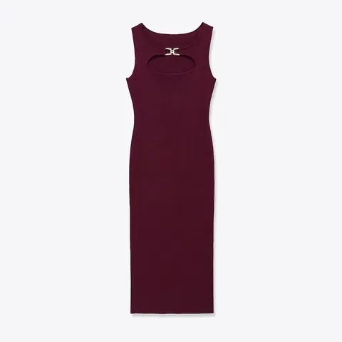 Abito Longuette Donna Rosso Vino Cut-out Maglia a Costine Senza Maniche Fibbia in Metallo Oro Sexy Aderente Pullover Moda Autunno