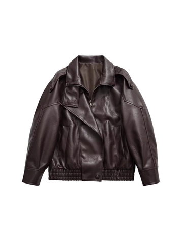 Giacca Donna Casual Oversize in Pelle PU Rever Vintage Biker Jacket Manica Lunga Zip Up Outwear Con Tasca Spallina