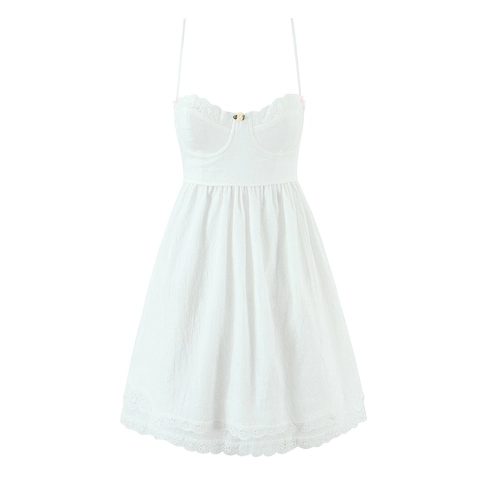 Women White Lace Trim Cami Dress Sweet Mini Dress Backless Lace-up Bow Cotton Slub Fabric Summer Sundress
