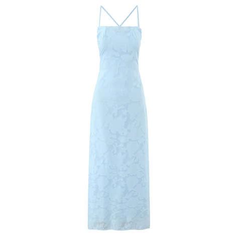 Dames Lichtblauw Jacquard Rugloze Jurk Sexy Bandjes Bloemenpatroon Polyester Midi-jurk Elegante Zomer Strand Feestjurk