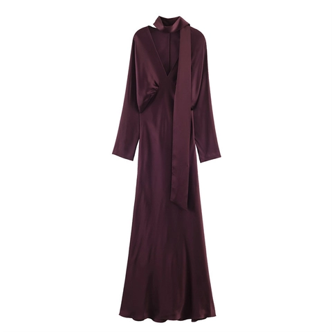 Damen Eleganz Weinrot Satin Maxikleid Sexy Neckholder V-Ausschnitt Langarm Slim Fit Schal Krawatte Abendgesellschaft Kleid