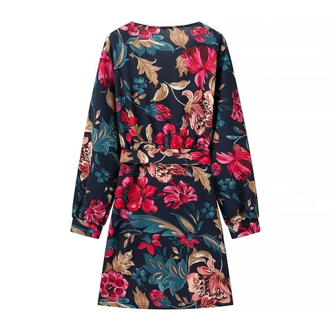 Damen V-Ausschnitt Blumenmuster Langarm Kleid Elegant Marineblau Mit Gürtel A-Linie Midi Kleid Für Alltag Urlaub Party