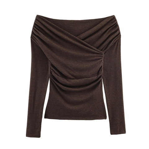 Women Sexy Off Shoulder Ruched Knit Top Slim Fit Long Sleeve Pleated T-Shirt Streetwear Casual Solid Color Pullover Top