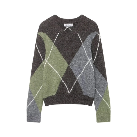 Suéter de Punto Argyle Vintage para Mujer Casual Cuello Redondo Manga Larga Suelto Patchwork Pullover Invierno Cálido Suéter de Punto