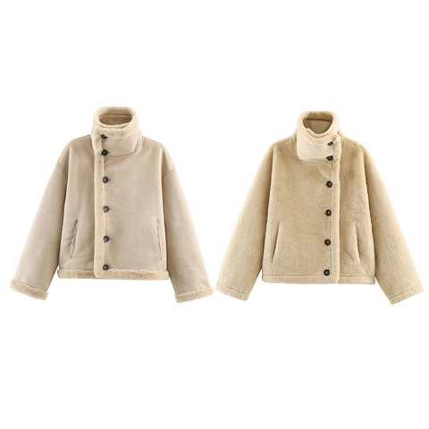 Giacca Reversibile da Donna in Montone Sintetico Invernale Calda Colletto in Piedi Larga Casual Monopetto Cappotto Sherpa Patchwork