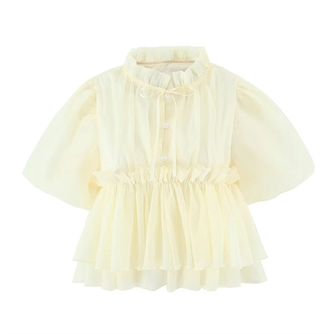Blusa da Donna Casual Stile Bambola Maniche a Sbuffo Volant Collo con Fiocco Vestibilità Larga Moda Camicia a Maniche Corte