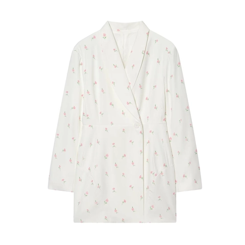 Giacca da Donna con Stampa Floreale e Revers Monopetto Slim Vita Manica Lunga Blazer Bianco Rosa Fiori Moda
