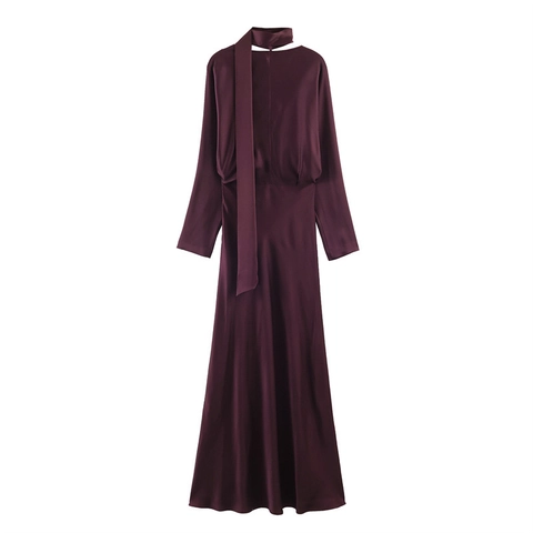Damen Eleganz Weinrot Satin Maxikleid Sexy Neckholder V-Ausschnitt Langarm Slim Fit Schal Krawatte Abendgesellschaft Kleid