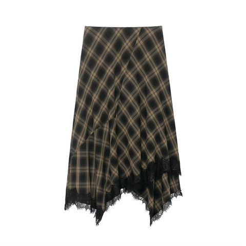 Dames Vintage Geblokte Asymmetrische Midi Rok Met Zwarte Wimperkant Afwerking Hoge Taille Afslankende Geblokte Midi Rok