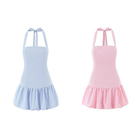 Damen Halter Rückenfrei Gestreiftes Minikleid Rüschensaum Süß Ärmellos A-Linie Sommer Strand Party Urlaub Polyester Kleid