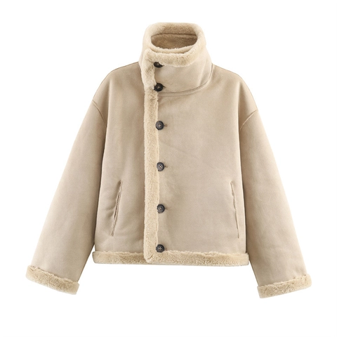 Giacca Reversibile da Donna in Montone Sintetico Invernale Calda Colletto in Piedi Larga Casual Monopetto Cappotto Sherpa Patchwork