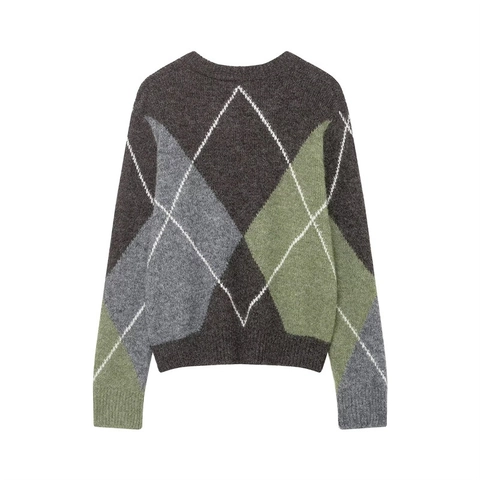Suéter de Punto Argyle Vintage para Mujer Casual Cuello Redondo Manga Larga Suelto Patchwork Pullover Invierno Cálido Suéter de Punto