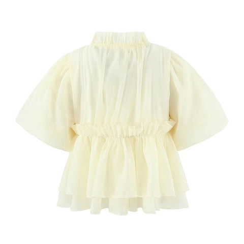 Blusa da Donna Casual Stile Bambola Maniche a Sbuffo Volant Collo con Fiocco Vestibilità Larga Moda Camicia a Maniche Corte