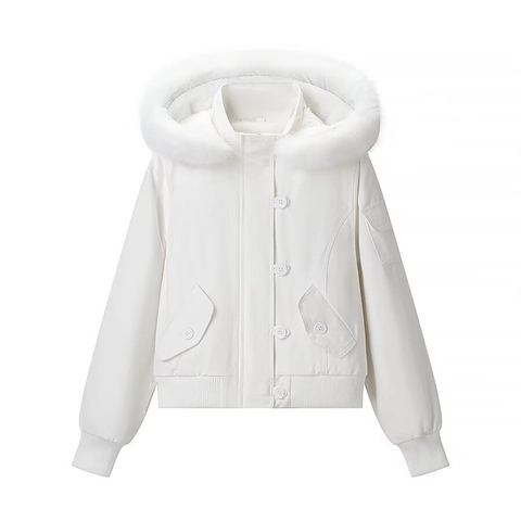 Women Casual Hooded Cotton Jacket White Solid Color Loose Fit Single Breasted Coat With Faux Fur Trim Winter Puffer Outwear