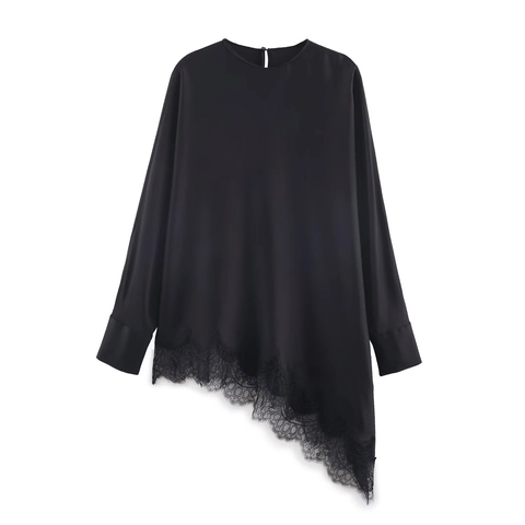 Damen Schwarz Langarm Satin Bluse Eleganter Rundhalsausschnitt Top Mit Asymmetrischem Spitzensaum Eyelash Spitze T-Shirt