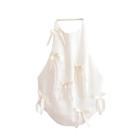 Women's Halter Neck Backless Satin Cami Top With Bowknot Decor Solid Color Streetwear Summer Sleeveless Slim Tank Top