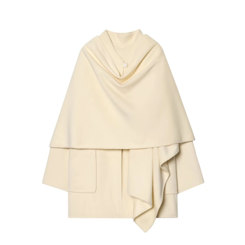 Women's Elegant Scarf Collar Cape Coat Medium Long Polyester Woolen Texture Jacket Solid Color Outerwear For Autumn Winter