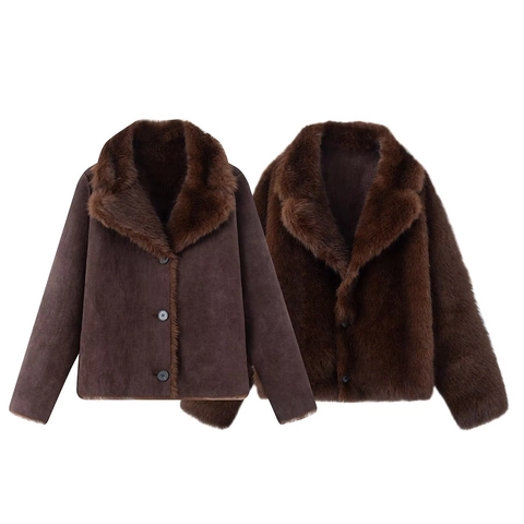 Women Casual Faux Fur Suede Splicing Jacket Winter Warm Reversible Coat Lapel Single Breasted Short Outerwear Solid Brown