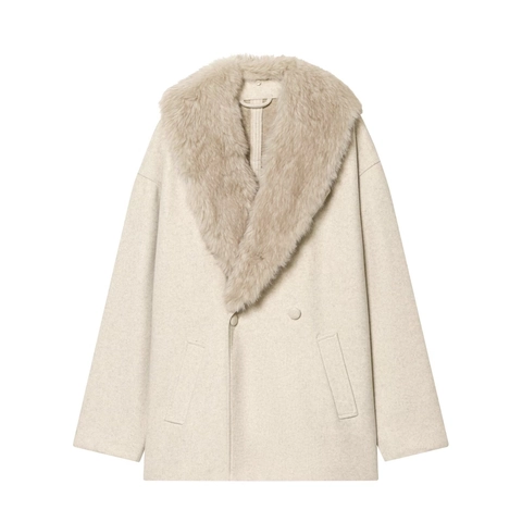 Women's Faux Fur Collar Overcoat Winter Elegant Double Breasted Loose Fit Solid Color Warm Jacket Outwear Long Sleeve Coat