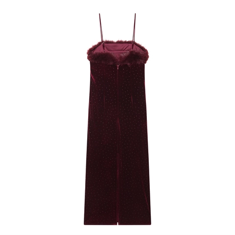 Sexy Rückenfrei Slim Fit Spaghettiträger Samtkleid Kunstpelzbesatz Strass Elegant Abendparty Weinrot Midi Kleid