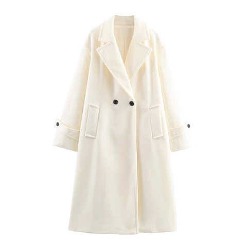 Dames Elegante Lange Wollen Jas Klassieke Revers Dubbele Rij Knopen Bovenkleding Met Zakken Effen Kleur Herfst Winter Jas