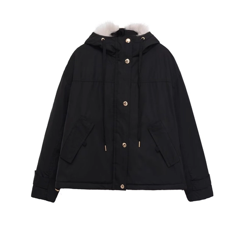 Women Casual Hooded Padded Jacket With Faux Fur Collar Solid Color Windproof Parka Streetwear Outerwear For Women