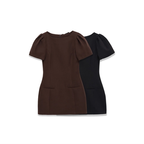 Damen Casual Rundhals Puffärmel Slim Fit Mini Kleid Polyester Einfarbig Bodycon Kleid Mit Rückseitigem Reißverschluss Elegant