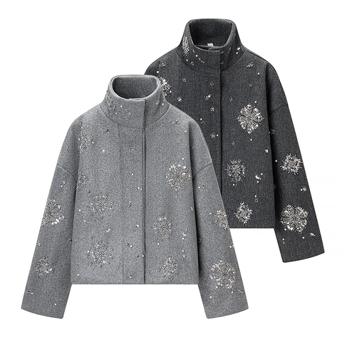 Veste Aspect Laine à Col Montant pour Femmes Manteau Court à Paillettes et Perles Flocon de Neige Casual Large