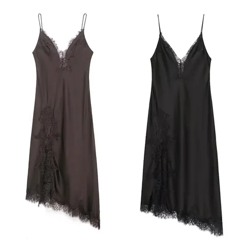 Damen Sexy Satin V-Ausschnitt Slip Kleid Spitze Patchwork Asymmetrischer Saum Spaghettiträger Ärmellos Maxi Partykleid