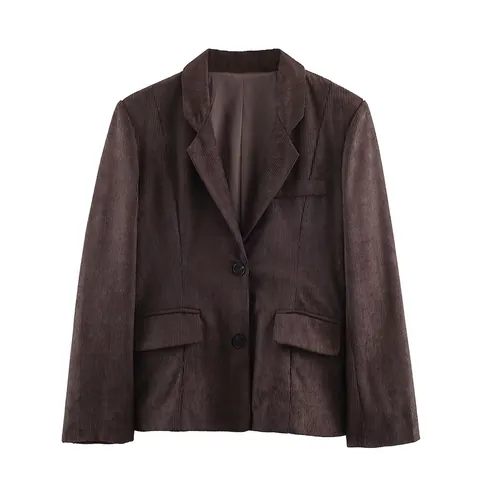 Women's Retro Corduroy Suit Jacket And Straight Leg Pants Two Piece Set Winter Casual Solid Color Slim Fit Blazer Pants Set