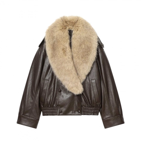 Dames Vintage Kunstleren Jas PU Met Grote Nepbontkraag Bruin Double-breasted Aviator Flight Jacket Warme Winterjas