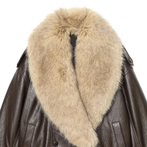 Dames Vintage Kunstleren Jas PU Met Grote Nepbontkraag Bruin Double-breasted Aviator Flight Jacket Warme Winterjas