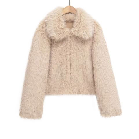 Women Faux Fur Jacket Winter Lapel Long Sleeve Plush Coat Streetwear Khaki Casual Solid Color Warm Short Outerwear Zipper Jacket