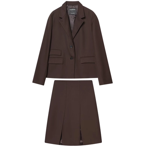 Dames Donkerbruine Double Breasted Blazer Jas En Hoge Taille A-lijn Split Rok Professionele Elegante Pak Stukken