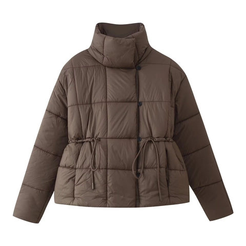 Damen Kurz Steppjacke Stehkragen Gesteppt Baumwolle Wattiert Mantel Mit Taille Kordelzug Casual Warm Outerwear Braun Jacke